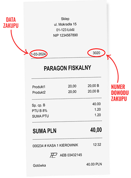 Paragon fiskalny z oznaczonymi polami: data zakupu (lewa) i numer dowodu zakupu (prawa)
